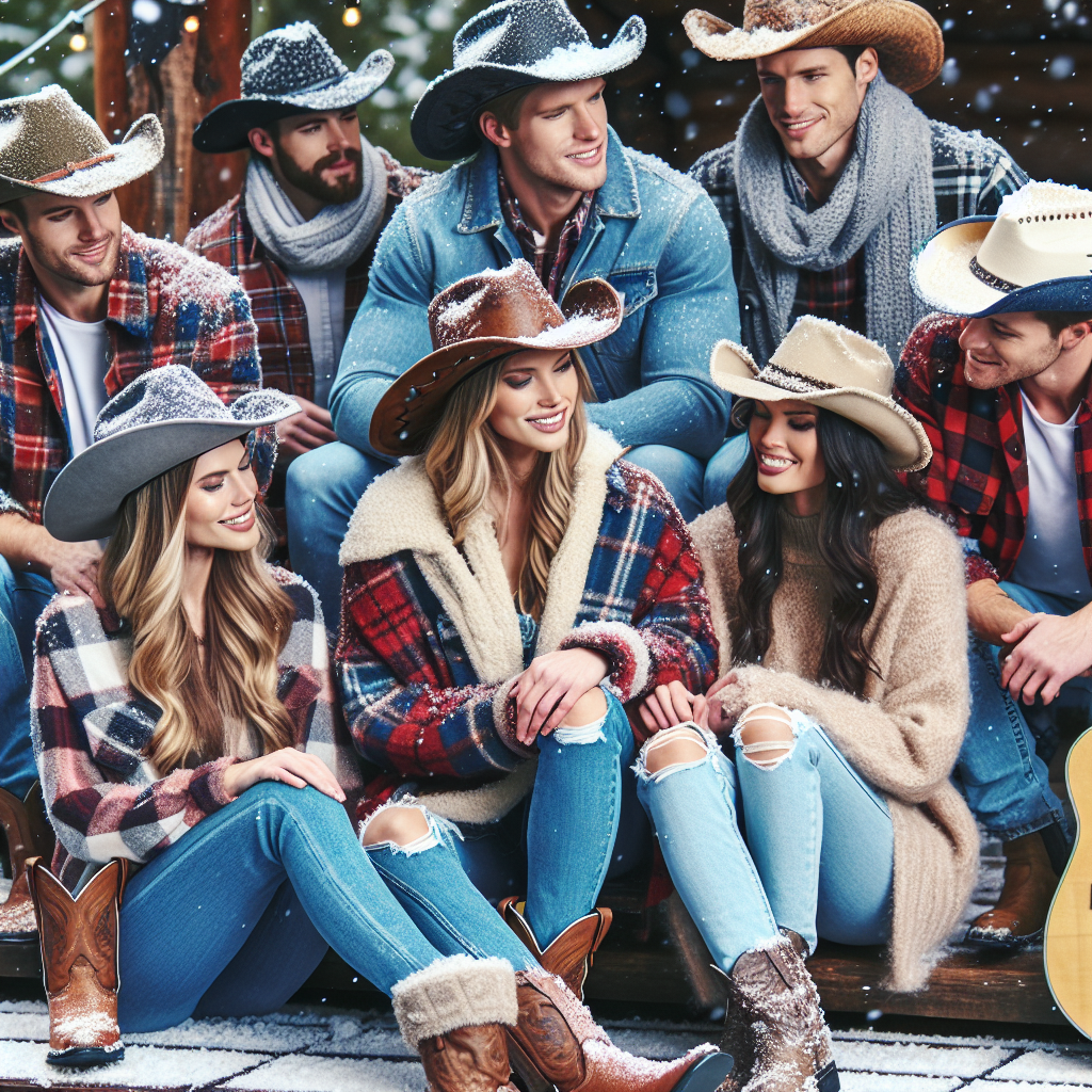 Stunning Winter Outfits for Country Concerts: Must-See! A charming and engaging scene of a laid-back country concert in the midst of winter. People of different genders and descents are seen clad in stunning winter outfits suitable for a country music event. They are comfortably layered in warm flannel shirts, denim jeans, winter boots, and stylish cowboy hats. A sprinkling of snow is visible on their hats and shoulders, with a gentle snowfall setting an enchanting backdrop. The lively strumming from a wooden guitar is heard harmoniously combining with the crisp winter air and joyous mood, creating a heartwarming country winter wonderland.