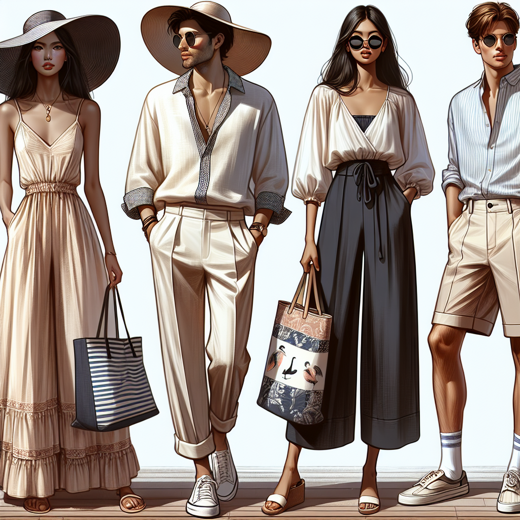 Stunning European Cruise Outfits: Effortlessly Chic Imagine a set of stylish and chic outfits ideal for a European cruise. In the first scene, an Asian woman is wearing a casual yet sophisticated sundress, paired with a floppy sunhat and comfortable sandals. Beside her, a Middle-Eastern man is dressed in lightweight trousers and a nautical themed shirt. In the next scene, a Black woman is seen in a breezy palazzo pants and silk camisole, accessorizing her outfit with oversized sunglasses and a patterned tote. Standing next to her, a Caucasian man is wearing a crisp linen shirt with tailored shorts and boat shoes. All these ensembles capture the effortlessly chic vibe of European cruises.