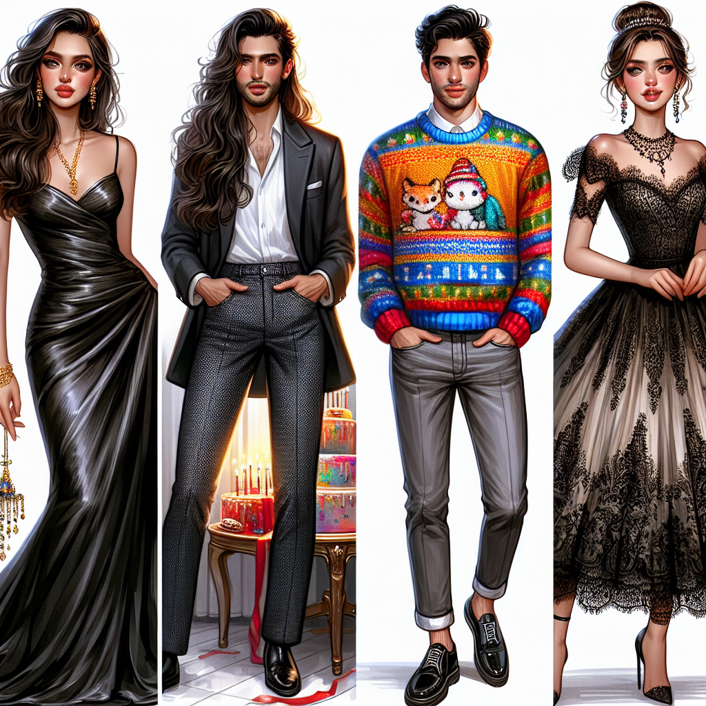 Stunning Outfits for Life Celebrations: Effortless Style A collection of stunning outfits designed for celebrations. The first outfit as intended for a formal soiree: a Hispanic female adorning a classy yet effortless black silk gown, her hair styled in soft waves cascading down her shoulders. The second attire, depicted for a festive birthday party: a South Asian male wearing a vibrant-colored stand-out sweater, coupled with trendy jeans that evoke an air of cool casualness. The final ensemble visualizes an elegant tea party: a Middle-Eastern woman elegantly dressed in a vintage lace dress, her hair plaited into a sophisticated up-do.