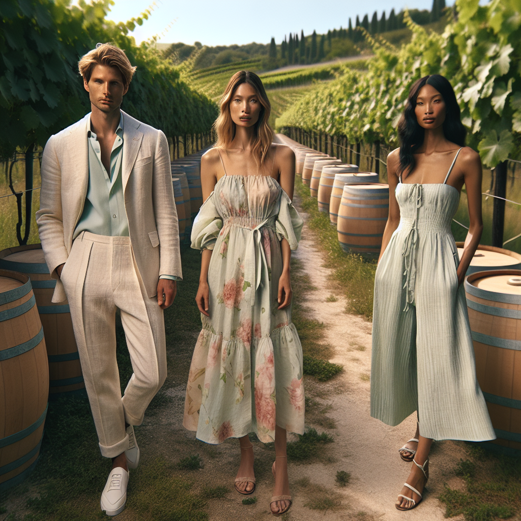 Stunning Spring Winery Outfits: Effortless Elegance Generate an image that depicts a variety of fashionable spring winery outfits. The scene should include three individuals of different descents: a Caucasian man, a Hispanic woman, and a Black woman. They are dressed in elegant, effortless styles suitable for a warm Spring day at a vineyard. The man is wearing a light, breathable linen suit with a pastel shirt. The first woman is sporting a flowy sundress in floral prints, while the other is in a chic jumpsuit of a spring pastel color. Lush grapevines and rows of wine barrels form their background.