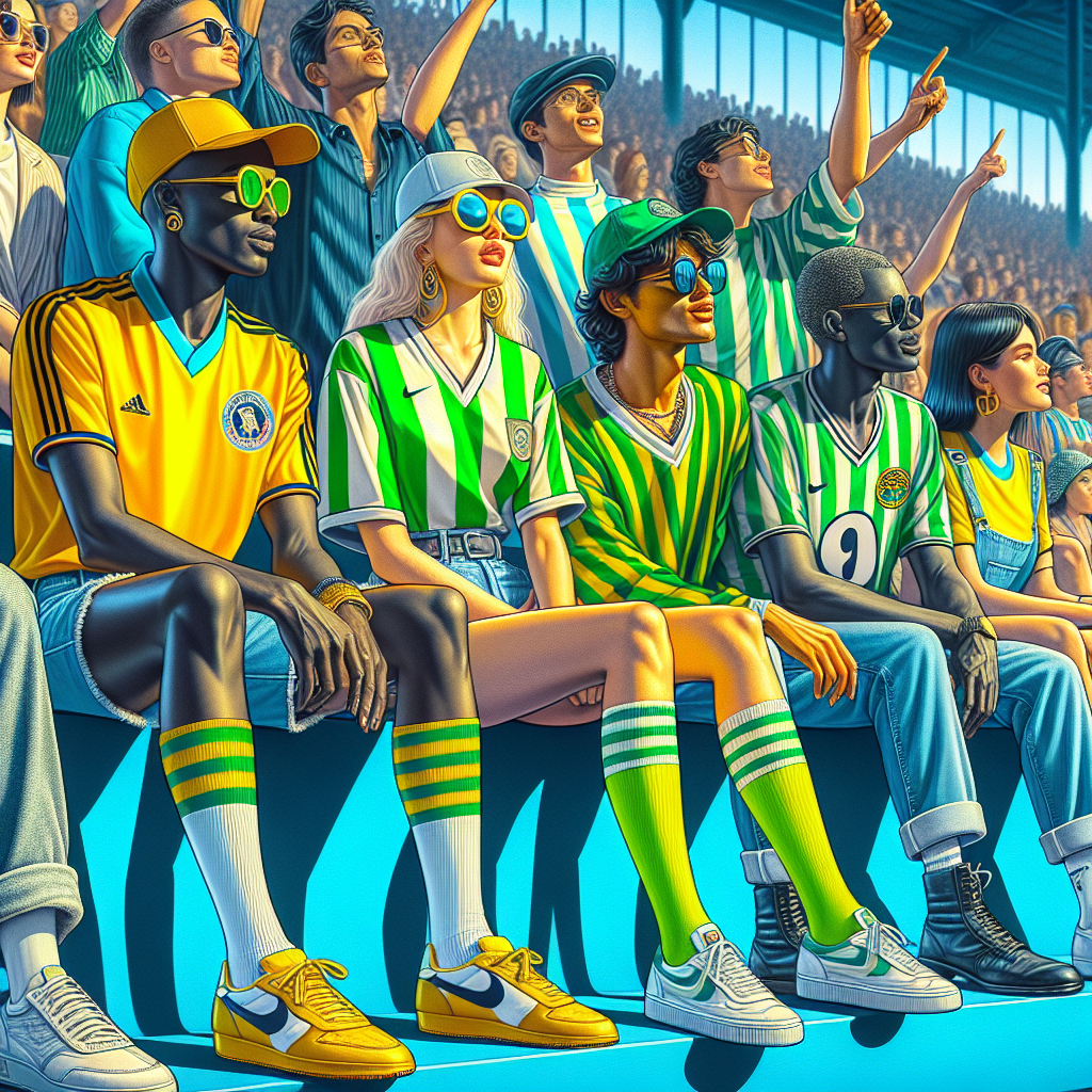 Must-Have Outfits for Soccer Games: Effortless Style Imagine a detailed scene at a soccer game on a sunny day; spectators in the stands are flaunting a variety of stylish game-day outfits. One group consists of a youthful South Asian man dressed in a neon yellow jersey, denim shorts, and a baseball cap, enthusiastically cheering for his team. Sitting next to him is a Middle-Eastern woman, embracing a sporty chic style, wearing a green striped jersey with white skinny jeans and retro sunglasses. On their other side, there's an older Black man in a classic soccer jersey of his favourite vintage team, paired with jeans and leather boots. The bright hues of the stadium offsets the fashionable outfits, creating a harmonious blend of sport and style.