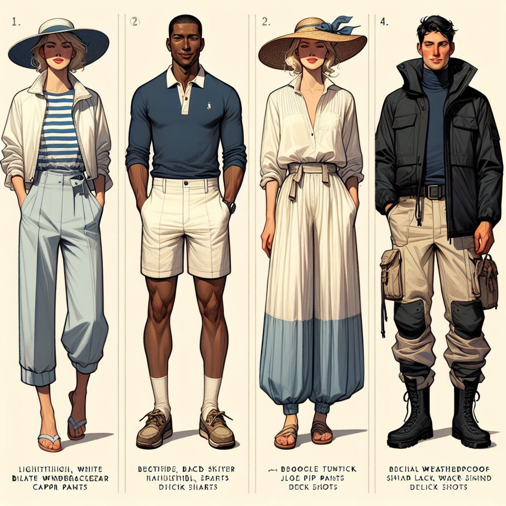 Stunning Outfits for a Day of Sailing: Must-Have Styles Visualize an assortment of stunning outfits for a day of sailing. Imagine four distinct ensembles suitable for different weather conditions and personal styles: 1. A chic yet practical outfit featuring a lightweight, white windbreaker, blue capri pants, and nautical stripes for a typical Caucasian woman. 2. An ensemble for an adventurous Black man, involving a preppy navy blue polo, khaki shorts, deck shoes, and a fun sailor's cap. 3. For a South-Asian woman, a breathable outfit with pastel-colored, loose tunic, wide-legged pants and a stylish sunhat. 4. A robust outfit including black weatherproof jacket, grey cargo pants and waterproof boots for a Middle-Eastern man geared towards sailing in less ideal conditions.