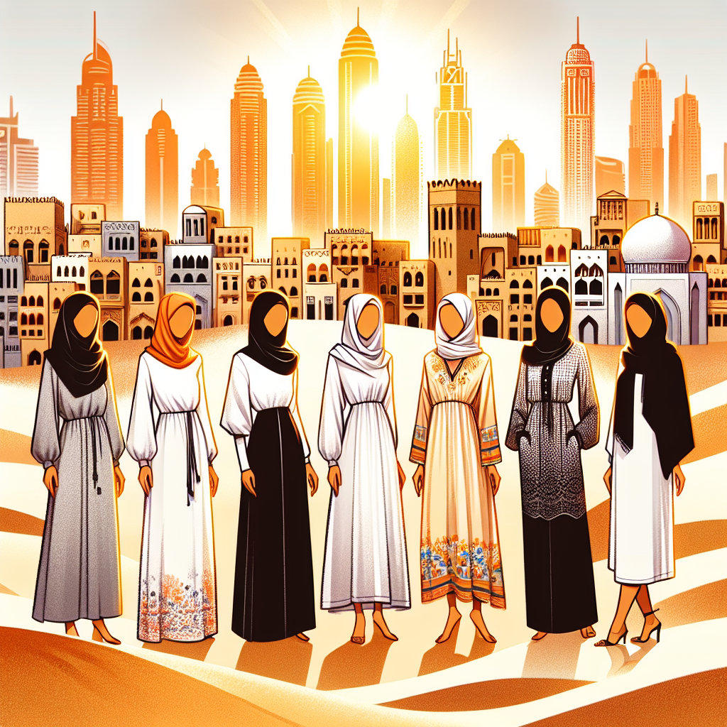 Illustrate the appropriate fashion for women tourists in Dubai. Show diverse depictions of women from a variety of descents such as Hispanic, Black, Middle-Eastern, South Asian, and White. Ideally, they should be wearing loose, breathable clothing that covers the shoulders and knees, which includes the traditional abaya, kaftan-style dresses, soft wide-leg pants, and elegant tunics. In the foreground, incorporate a diversity of sand and cityscape background depicting Dubai's iconic buildings like Burj Khalifa and the historic wind towers of Bastakia Quarter. All illustrated under the broad, golden Dubai sun.