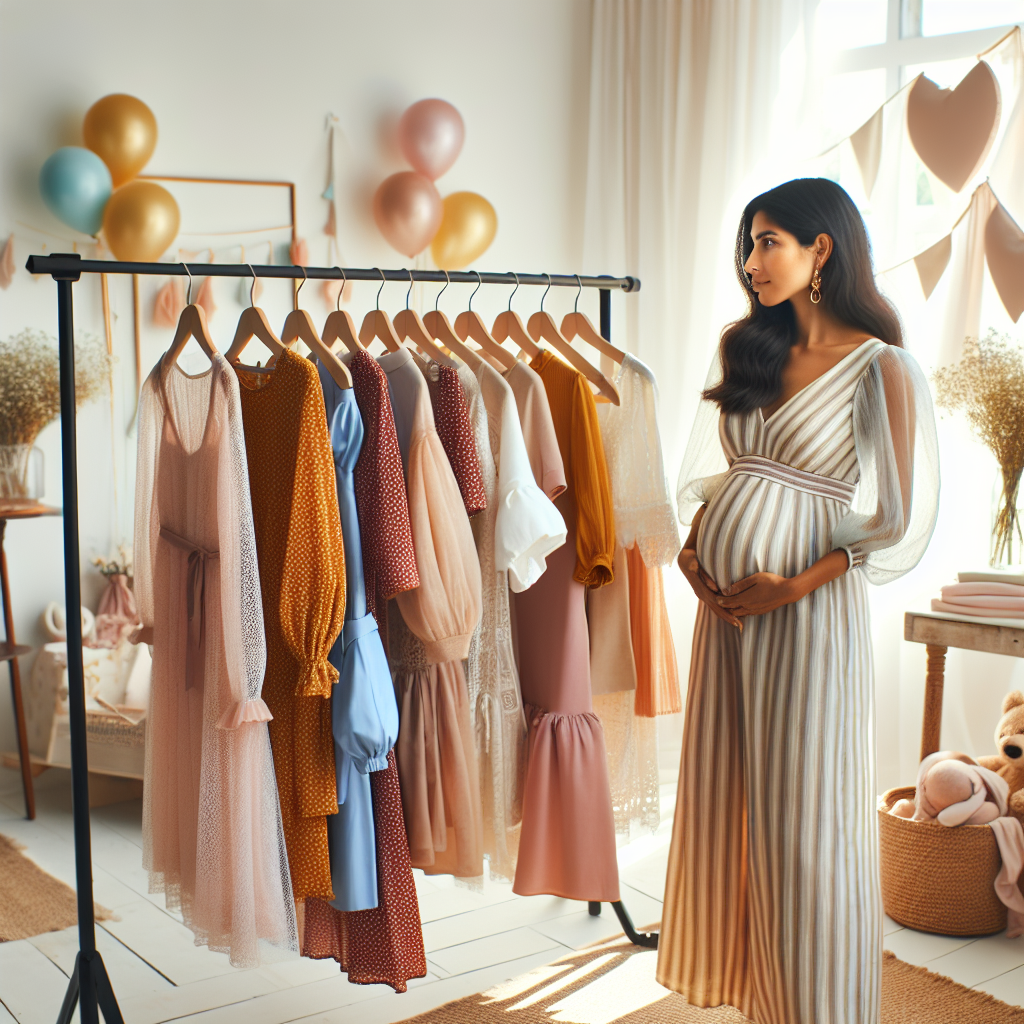Envision an array of baby shower attire options hanging on a clothing rack in a light-filled, chic boutique. Dresses, jumpsuits, and blouses in a variety of colors and sizes all representing a range of cultures, showing the beauty of diversity. In the foreground, two women, one South Asian and pregnant wearing a maternity dress, the other Hispanic and helping her friend to pick an outfit. The vibe is festive and warm, with pastel balloons and baby-themed decorations subtly present in the background to set the perfect baby shower spirit.