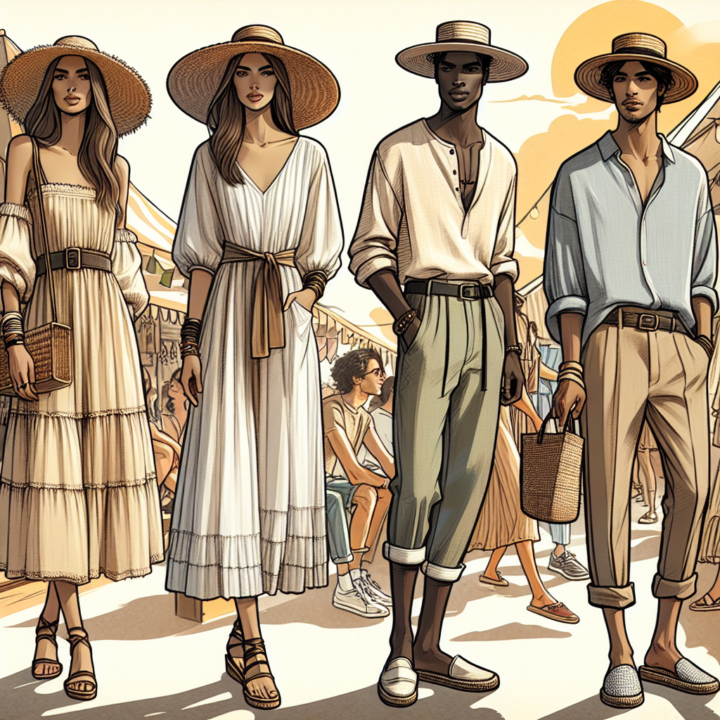 Stunning Summer Fair Outfits: Effortless & Chic A warm weather fashion showcase featuring a summer fair. The first outfit is a stylish ensemble worn by a Middle-Eastern woman, composed of a wide-brimmed straw hat, a chic sundress in pastel colors, and strappy sandals. The second outfit features an effortlessly cool style of a Black man, who is wearing a breezy linen shirt, rolled up chinos, and a pair of classic loafers. Meanwhile, a South Asian woman in the background dazzles with a chic, effortless look in a trendy boho maxi dress and comfortable espadrilles. Add to this a diverse crowd enjoying the fair festivities under the bright summer sun.