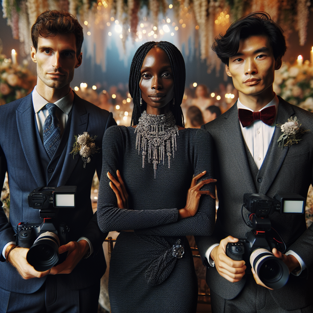 An intricately woven ensemble of three wedding videographers dressed in stylish professional attire. The first person, a Caucasian male, is clad in a polished navy blue suit with a coordinated tie. The second individual, a Black woman, is donning a sophisticated long-sleeve black dress accompanied by a statement necklace.  The third individual, an Asian male, is outfitted in a sharp charcoal grey suit, white shirt, and red bow tie. Their cameras are at the ready, capturing magical wedding moments in a beautifully decorated venue filled with soft, ambient lighting and blooming flowers.