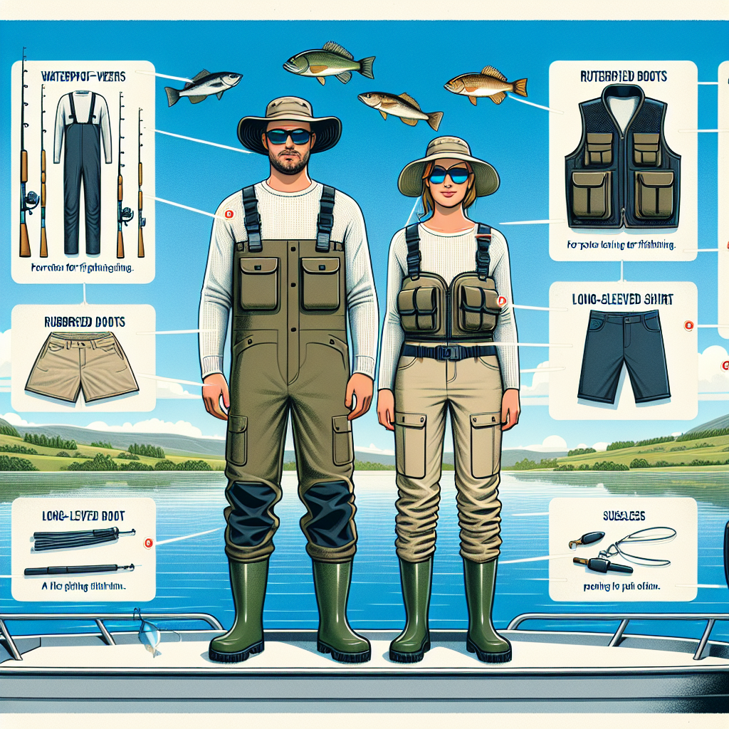 An informative diagram showcasing clothing for fishing trips. At the center, a Caucasian man and a Hispanic woman, both decked out in ideal fishing attire: waterproof overalls, rubberized boots, a vest with numerous pockets, a brimmed hat for sun protection, long-sleeved shirts and sunglasses. Around them are captions point to each item of clothing with a brief explanation of its use. Set the background as a serene fishing boat environment with still water and clear blue skies. Include a couple of fishing rod showing it's an actual fishing scene.
