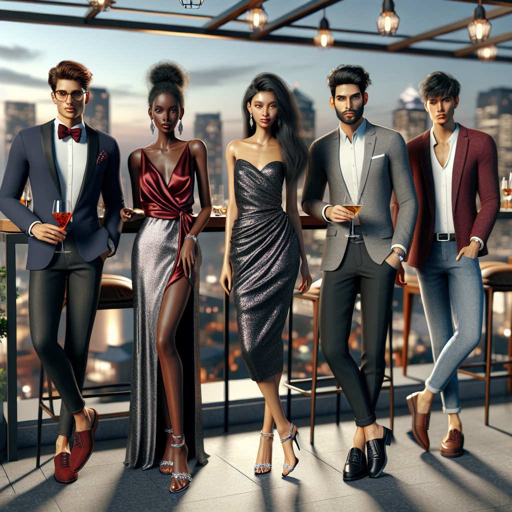 Stunning Outfits for Rooftop Bars: Find Your Perfect Look Showcase a scene featuring five individuals at a rooftop bar, each adorning unique, stylish, and eye-catching outfits that are perfect for a night out. The first person is a Hispanic male gracefully wearing a tailored navy blue suit with a wine-red bow tie. The next person is a Black female sporting a shimmering silver cocktail dress with a pair of alluring heels. A Caucasian male can be seen in a chic black t-shirt paired with dark jeans and classy loafers. Next to him, a South-Asian female displays an elegance in a ruby-red wrap dress with jeweled sandals. Finally, a Middle-Eastern male stands out in a semi-casual gray blazer with a white shirt and black chinos. The ambiance is lively, and the cityscape can be seen in the background, completing the striking view.