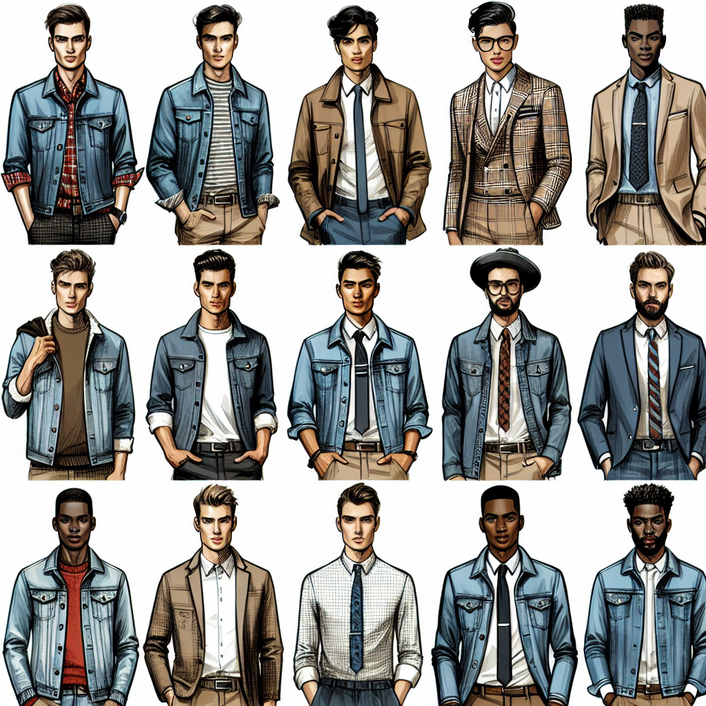 Stunning Outfits to Rock with a Denim Jacket Men Illustrate a diverse selection of fashionable men, of various descents such as Caucasian, Hispanic, Black, Middle-Eastern, and South Asian, each wearing unique and stylish outfits complemented by a denim jacket. Detail different styles and combinations, from casual to office-appropriate: think of pairings with khaki trousers, plaid shirts, athletic apparel, or even formal slacks and a tie. Include an urban backdrop to underline the versatility and timelessness of the denim jacket.
