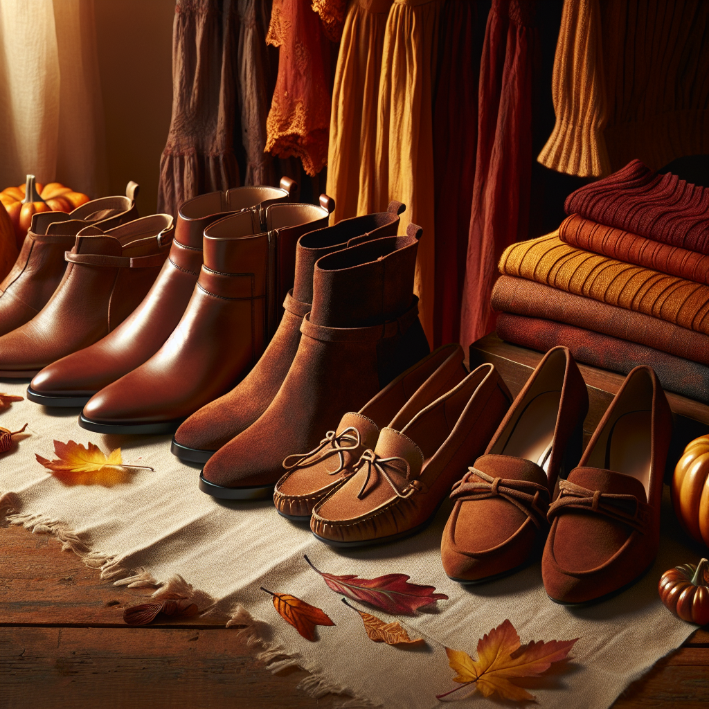 A detailed still life showcasing an array of must-have shoes for fall dresses. This scene ideally includes ankle boots in brown leather, stylish moccasins in an earth-toned suede, and elegant pumps in deep autumn hues. Also include different types of fall dresses artistically arranged beside each shoe pair, encapsulating colours of deep orange, rustic red, and golden yellow. The background could be a lightly textured wooden table to evoke a cozy, autumnal atmosphere. The light source should be soft and come from one side, creating subtle shadows and a warm ambiance.