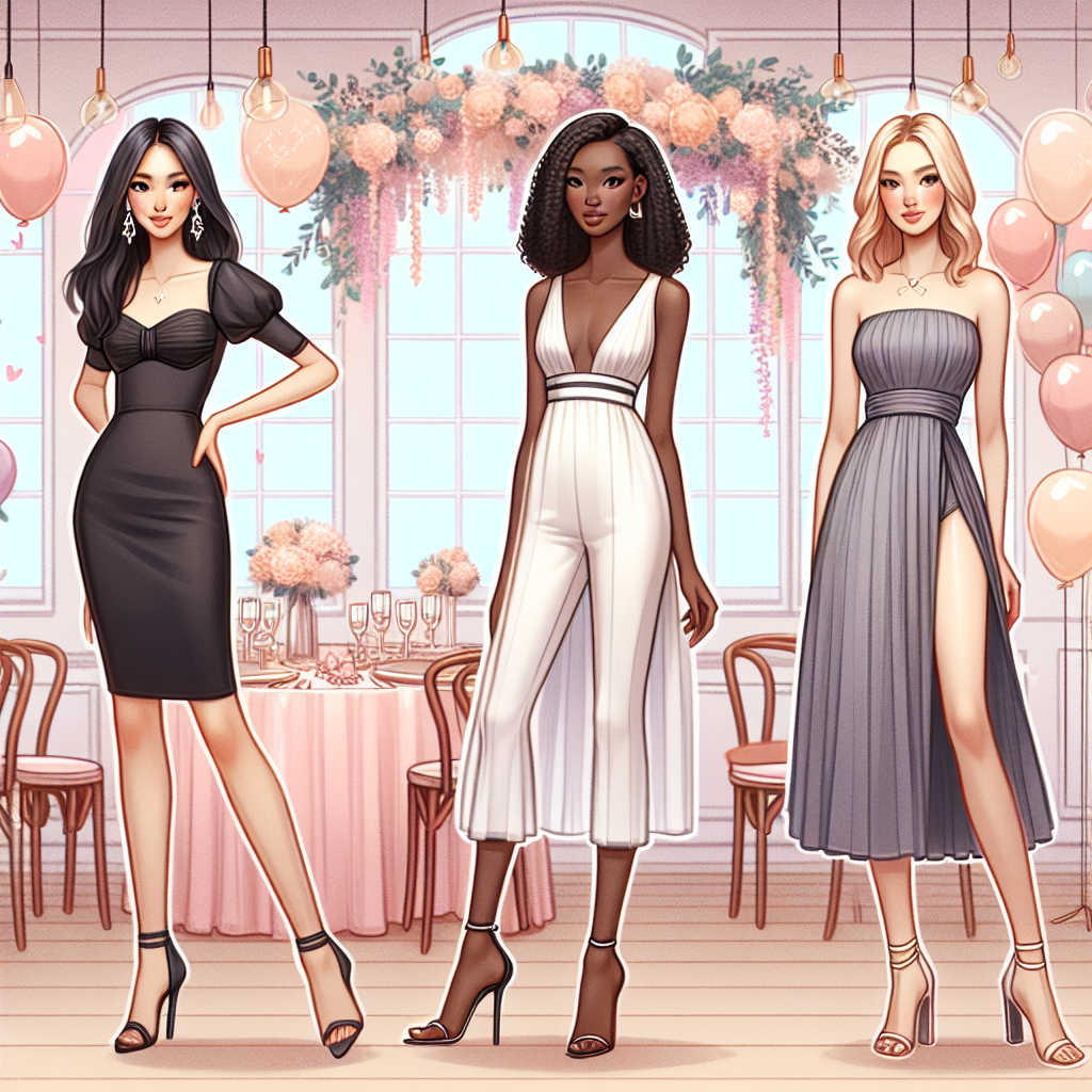 Stunning Outfits for Bridal Showers: Dress to Impress! A visual representation of an article titled 'Stunning Outfits for Bridal Showers: Dress to Impress!'. The foreground should feature three women of varying descents - Black, Asian, and Caucasian - all dressed in fashionable, flattering bridal shower outfits. The Black woman should be wearing an elegant tea-length dress, the Asian woman is in a chic jumpsuit, and the Caucasian woman is wearing a stylish maxi dress. The background should reflect a tastefully decorated venue for a bridal shower, replete with pastel balloons and floral decorations. Each woman should be posed differently, displaying confidence and poise.