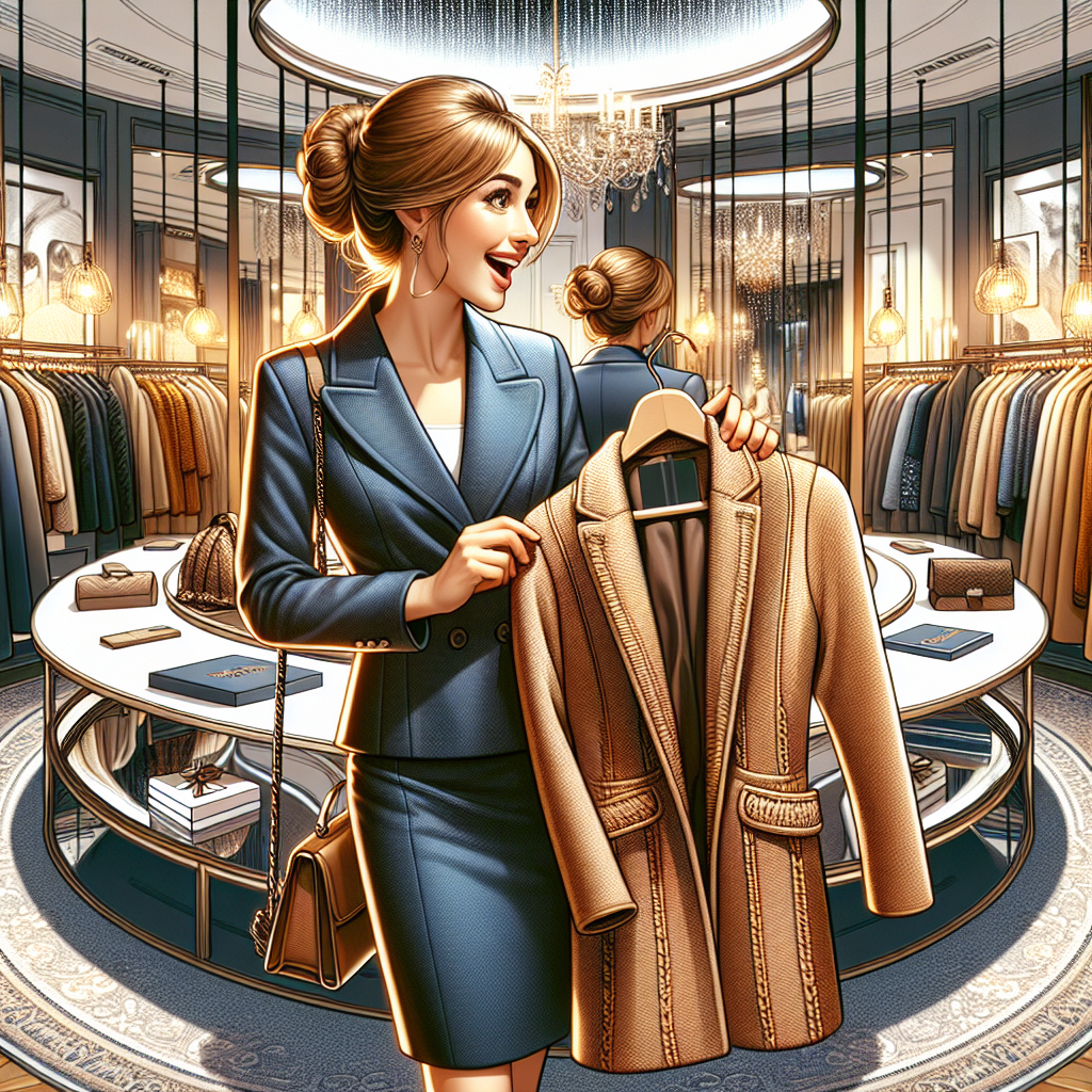 An image illustrating a detailed representation of a shopping scenario. It showcases a Caucasian woman excitedly finding the perfect coat to pair with her classic navy blue blazer dress. She's in an upscale department store with luxurious coats hanging on circular racks resulting in a symmetrical arrangement. Reflections of warm artificial lights are bouncing off mirrors and glass surfaces creating an inviting ambiance. In the background, various designer labels are subtly visible. The woman has light brown hair styled in a loose bun, and she's holding a medium-length tan coat with intricate stitches lining the edges.