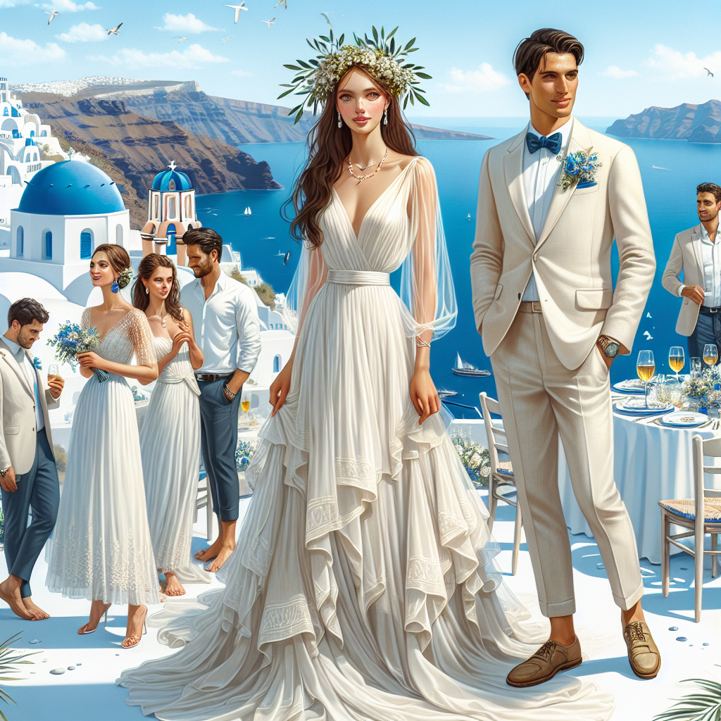 Imagine the scene of a bountiful Greek island wedding on the idyllic island of Santorini. Use bright whites and dazzling blues reminiscent of the island's signature architecture. Show a Caucasian bride in an elegant yet effortless Grecian-style gown, flowing with layers of airy fabric, complemented by a dainty wreath of olive leaves in her hair. A Middle-Eastern groom, looking dapper in a cream linen suit and a simple blue boutonniere. Throw in some guests from diverse descents like Hispanic, Black, and South Asian, all dressed splendidly for the sun-kissed occasion. The backdrop should be the breathtaking sea views and the iconic blue-domed buildings of Santorini.