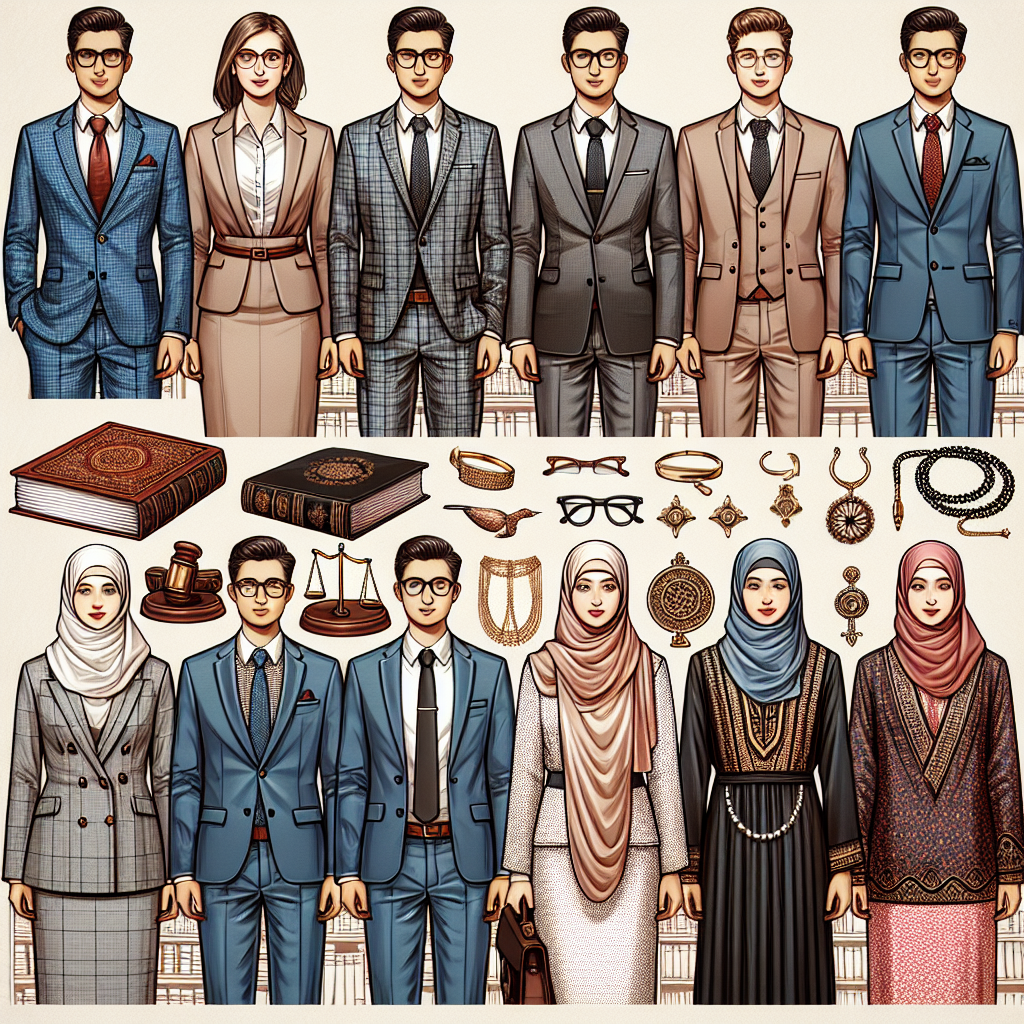 Show an image providing a style guide for professional court attire. The image should showcase a variety of gender-neutral, high-quality, formal wear such as tailored suits, modest dresses, and skirt-blouse combinations. Include clothes from different cultures, such as dashikis, baju melayus, and kimonos, reflecting the ethnic diversity like Caucasian, Hispanic, Black, Middle-Eastern, South Asian. It should give the vibe of seriousness, decorum, and respect. Accessories may include glasses, watches, neckties, and brooches but they should be minimal and not overly flashy. Background can include a law book or courtroom.