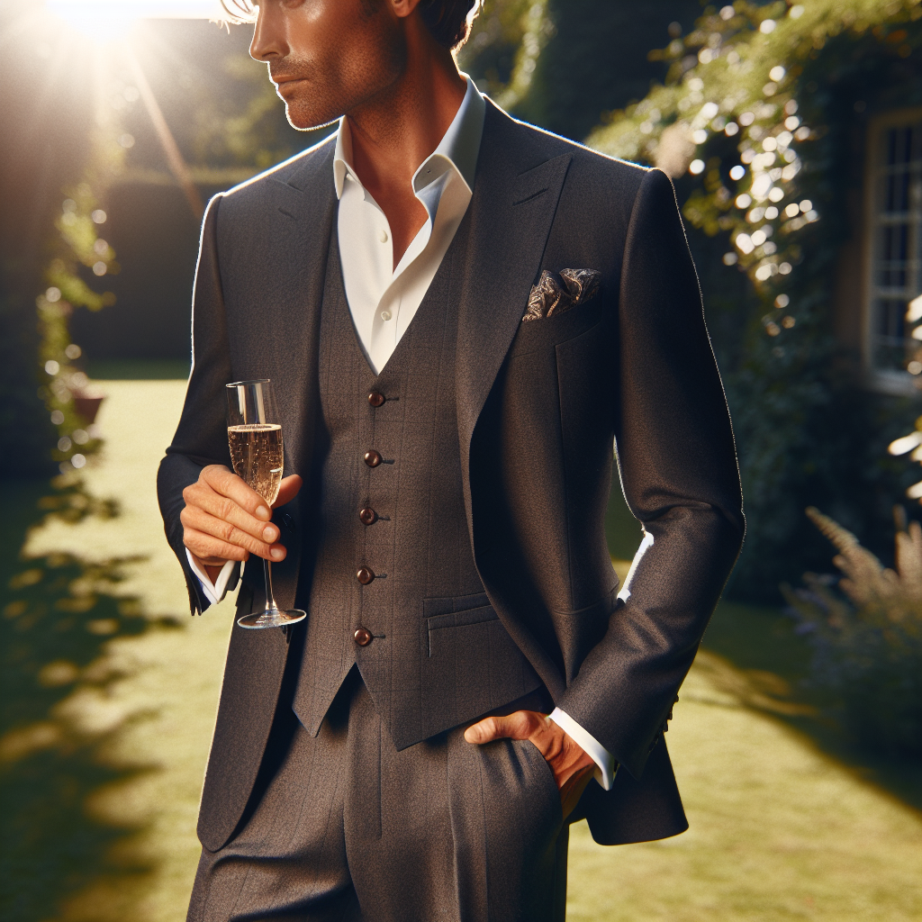 An elegant Caucasian man standing in a sunlit garden. He is in his late 30s, with neatly trimmed brown hair. His clothing is a well-tailored, charcoal grey three-piece suit, worn without a tie for a modern and relaxed look. He pairs his suit with a crisp, white, button-down shirt. A patterned pocket square and cufflinks add a personal touch to his attire. In one hand, he holds a champagne glass filled with bubbly. His other hand casually rests in his trouser pocket, giving off an air of effortless elegance. This represents the perfect example of stunning wedding guest attire for men.