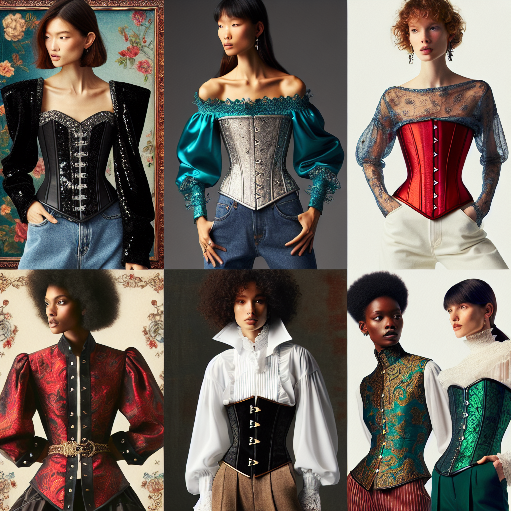 Ace Your Interview: Stunning Corset Top Styles An assorted collection of stylish corset tops in a variety of colors, fabrics, and designs. One design showcases a black, rich velvet corset top with silver sequin details, paired with high-waisted jeans. Another focuses on a brilliant red satin corset top, accentuated with delicate lace trims, worn over a white pirate blouse with ruffles. A third presents a bold, emerald green brocade corset top with a high collared white Victorian blouse underneath. Each corset top is modeled by a professional model: a Caucasian woman, an Asian woman, and an African American woman respectively, all exuding confidence and style.