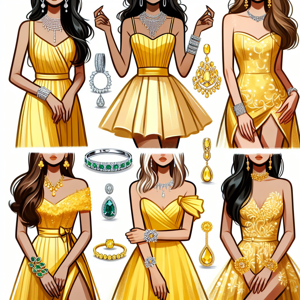 Stunning Jewelry Choices for Yellow Dresses Illustrate a variety of stunning jewelry choices harmoniously complementing yellow dresses. The dresses worn by diverse women from various descents like Hispanic, Middle-Eastern, Black, South Asian, and Caucasian. Show jewelry like diamond necklaces, pearl earrings, intricate bracelets, emerald rings, and cute anklets, all shimmering under the light, revealing their true beauty. Also, illustrate the variety in dress designs, from elegant long gowns to chic mini dresses, while maintaining the common hue of yellow.