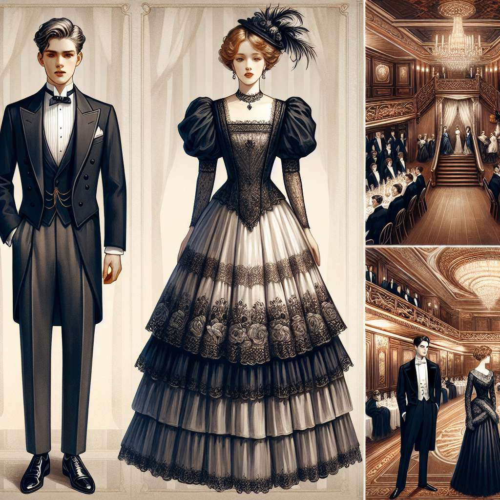 A selection of elegant, early 20th century clothing appropriate for a Titanic themed gala. Highlight two standout ensembles: First, for a man, a black tuxedo with a crisp white shirt, polished shoes, and a black bowtie, representative of classic Edwardian era fashion. Second, for a woman, a long, multilayered silk gown with delicate lace details, puff sleeves, an empire waist, and accessorized with a feathered headpiece. Include a glimpse of the venue in the background depicting opulent grandeur reminiscent of the Titanic's lavish interiors, with a grand staircase, chandeliers, and rich wood paneling.