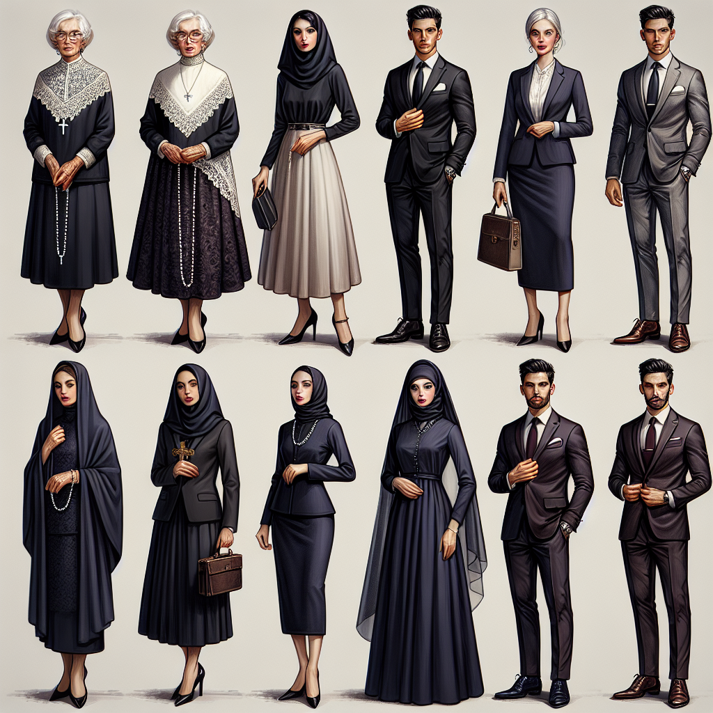 Stunning Outfits for Rosary Services: Effortless Elegance Visualize an array of elegant and effortlessly stylish outfits suitable for a Rosary service. Show a diverse group of people showcasing various attires, reflecting differing personal styles yet adhering to the solemn mood of the occasion. First, an elderly Caucasian woman in a sophisticated black dress that falls to mid-calf, accessorized with a lace scarf and pearls. Next, a young Asian man in a tastefully tailored ebony suit with a white pocket square. Thirdly, a Middle-Eastern woman in a respectful long-sleeved navy blue attire, complemented with a matching headscarf. Lastly, a Black man in a charcoal-gray suit coupled with a burgundy tie.