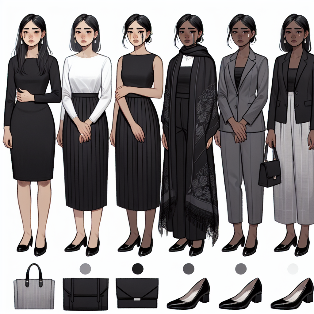 Funeral Attire for Women: Effortless, Respectful Guide A detailed guide on respectful, effortless funeral attire for women. The reference includes various outfits suitable for mourning, such as a classic, appropriately black dress, a grayscale suit with a crisp white shirt, a somber shawl draped over a monochrome outfit, and black shoes. There is an Asian woman wearing a respectful and minimalistic black dress; a Hispanic woman dressed in a formal grayscale suit; a Black woman with a mournful shawl worn over her outfit; and a White woman with sleek black shoes. Emotional expressions are subtle but respectful, depicting somber moods at a funeral.