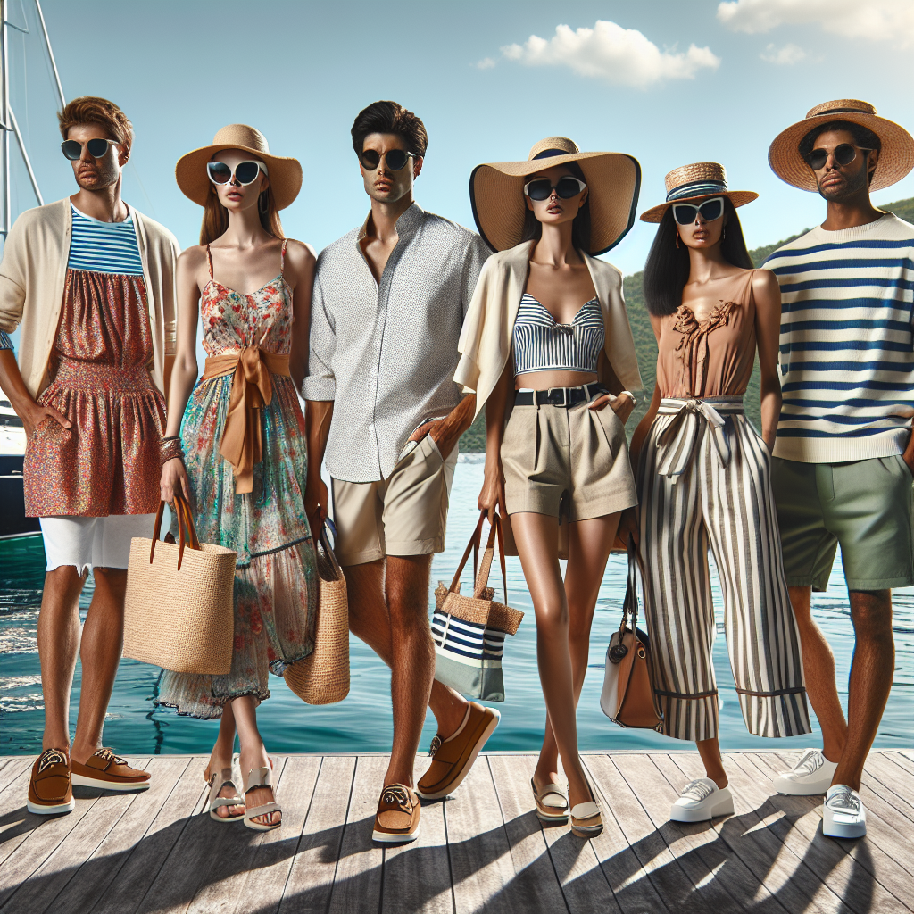 Must-Have Styles: What to Wear on a Day Boat Trip Imagine a sunny day at the sea. Visualize a group of people dressed for a day boat trip. A Caucasian woman in a vibrant, lightweight summer dress, a sun hat, and oversized sunglasses. A Middle-Eastern man in stylish shorts, a short-sleeved, button-down shirt, wearing boat shoes and a sun cap. A Black woman in a trendy jumpsuit, a floppy straw hat, and strappy sandals. A Hispanic man in a nautical-striped T-shirt, khaki shorts, a baseball cap, and loafers. Don't forget the essential accessories like tote bags and cool refreshments. Make the background a beautiful seascape with a yacht floating on the tranquil, glistening water.