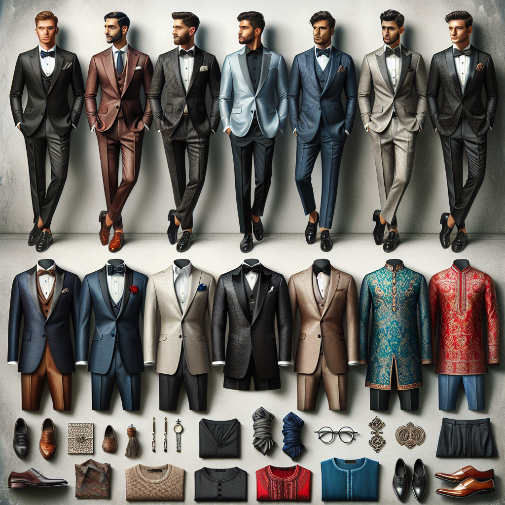 A visualization of an assortment of stunning men's attire suitable for a wedding reception. Showcase a variety of styles from elegant to modern to suit a range of personal tastes. The image should center around a mood board with representations of a classic black suit, a casual but stylish blazer with chinos, a sharp tuxedo, and a vibrant ethnic kurta. Additional elements can include accessories like a silk tie, cufflinks, a pocket square, and leather shoes. All attire represented should originate from different ethnic backgrounds, for example, a Hispanic man in a tuxedo, a Caucasian man in a classic black suit, a Black man in the stylish blazer with chinos, and a South Asian man in a vibrant kurta.