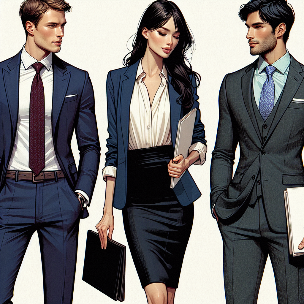 Interview Outfits: Must-Have Styles for a Stunning Impression A detailed image showcasing three different outfits suitable for interviews. To the left, a Caucasian man is donning a classic navy blue suit with a crisp white shirt, adorned with a dark red tie. At the center, a Hispanic woman is gracefully wearing a black pencil skirt combined with a cream blouse and a sapphire blue blazer. To the right, a Middle-Eastern man is impressively dressed in a charcoal grey, slim-fit suit with a pastel collared shirt. They all carry portfolios in hand and have confident expressions, eager to make a stunning first impression at their interviews.