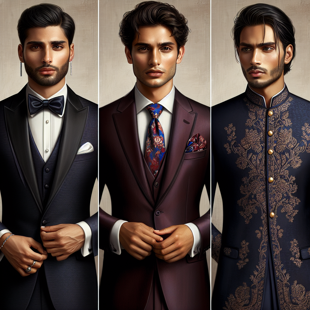 Stunning Banquet Attire for Men: Must-Have Looks Visualize a fashion-forward scene showcasing three different looks for men's banquet attire. The first look involves a sleek, well-fitted black tuxedo adorned by a Middle-Eastern man, accessorized with a white pocket square and shiny cufflinks. The second portrays a Hispanic man in a three-piece navy blue suit paired with a vibrant tie displaying subtle floral patterns. The last ensemble is for a South Asian man who is draped in an elegant, maroon traditional Sherwani, adorned with intricate embroidery. Their confident expressions speak volumes about their style and personality.