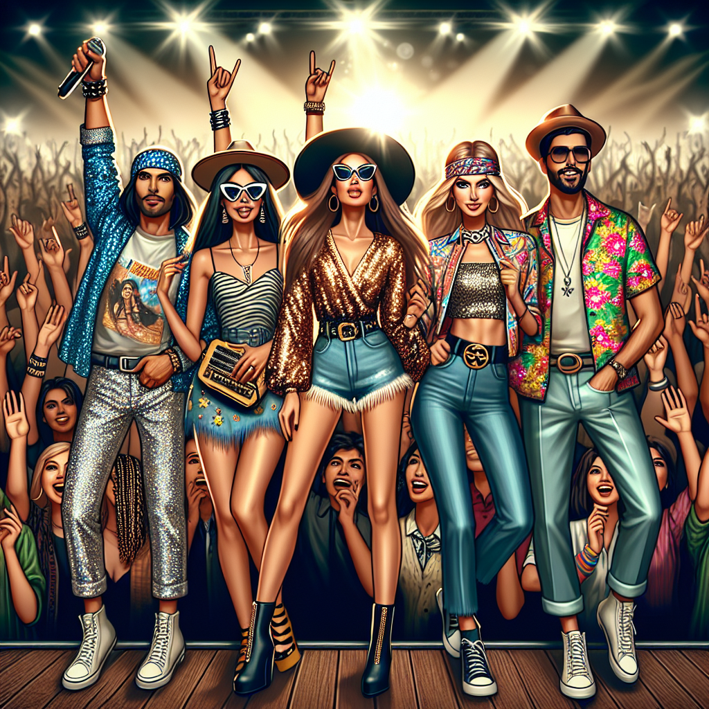Visualize an exciting music concert scene where fans are wearing stunning outfits. A diverse crowd of fans include: a Caucasian woman donning a sequin-covered top with denim shorts, a Hispanic man in a fedora with a graphic t-shirt and black pants, and a Middle-Eastern woman styled in a chic printed dress with ankle boots. Also, envision a South Asian man wearing a colorful Hawaiian shirt paired with white jeans. Their vibrant outfits capture the festive atmosphere of the concert. All fans are excitedly cheering, singing along, and enjoying the music.