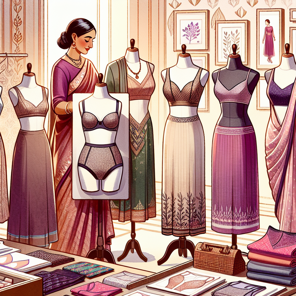 Find the Perfect Undergarment for Sleeveless Dresses Illustration showcasing a selection of well-designed undergarments ideal for sleeveless dresses. Display an array of styles and designs, including strapless bras, seamless underwear, and shapewear. The scene should be set in a boutique-like setting, with the undergarments on mannequins of varying body types. A South Asian woman, believed to be the storeowner, should be arranging the undergarments. Attention should be paid to the texture, pattern, and colors of the undergarments, ensuring they embody both comfort and style. Include a few sleeveless dresses hung nearby for context.