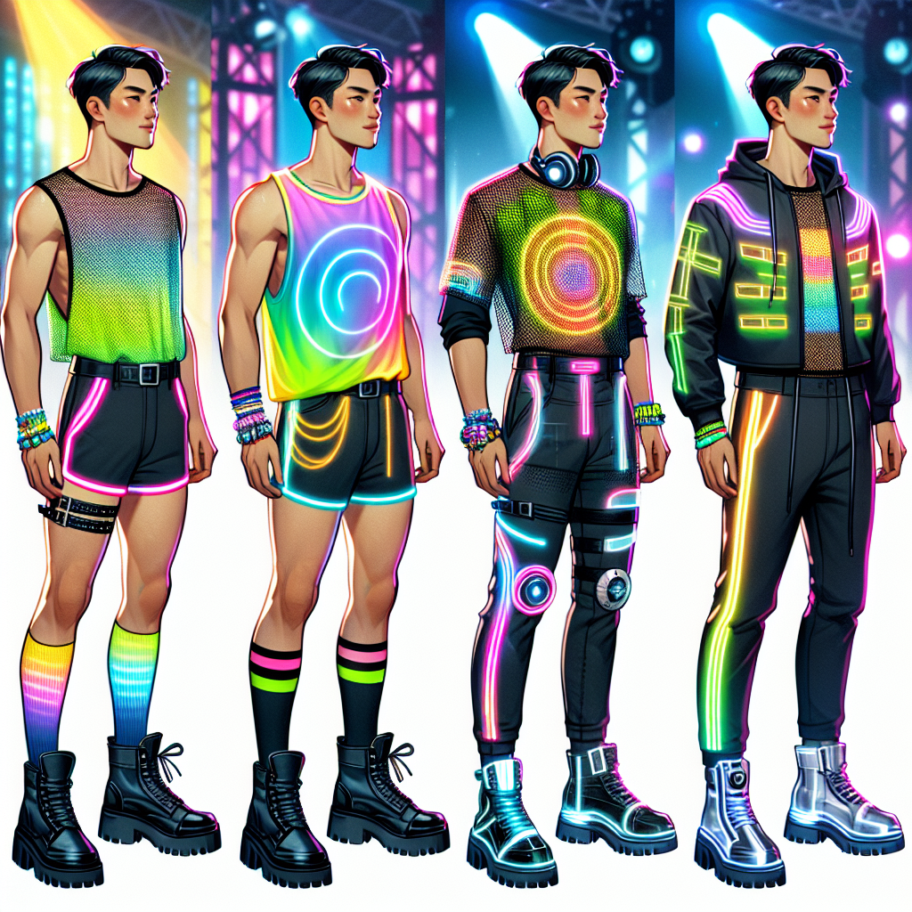 Must-Have Rave Outfits for Men: Exclusive Guide Visualize a must-have rave outfit guide for men. From the left, depict an Asian man dressed in a neon-colored tank top and matching shorts with chunky boots, a White man wearing a holographic shirt with black skinny jeans and rave boots, and a Black man wearing futuristic LED accessories with a sleeveless hoodie and joggers. Include a background hinting a vibrant, energetic environment such as disco lights and laser beams.