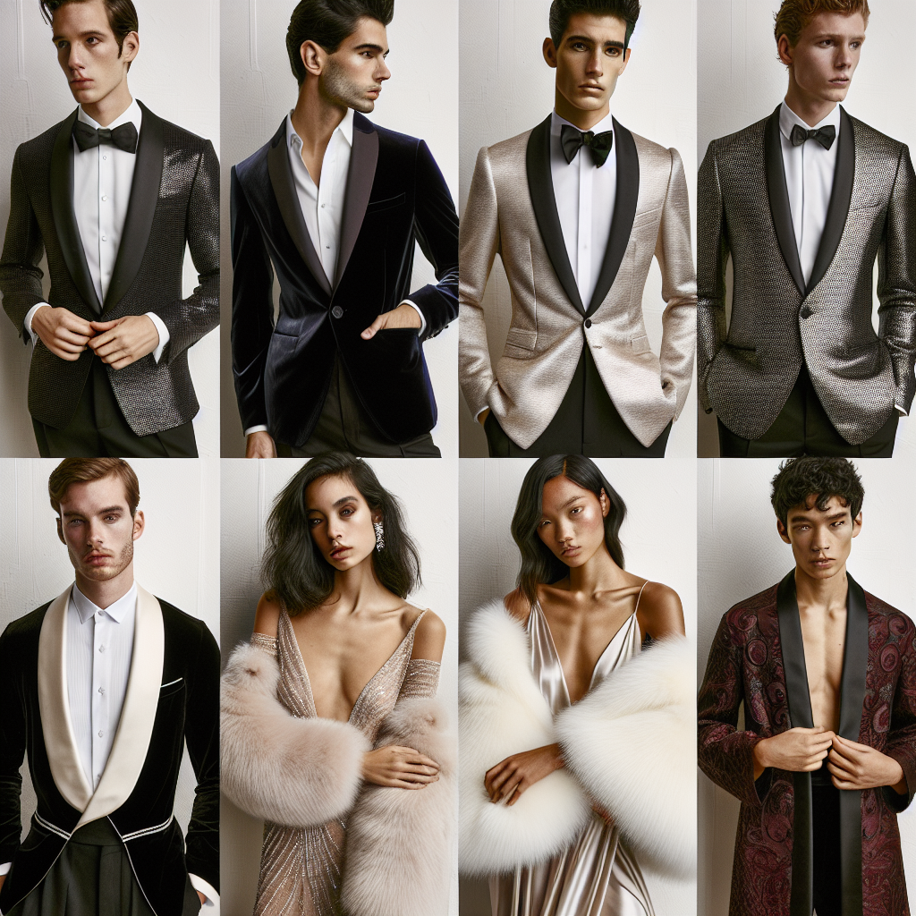 Must-Have Jackets for Elegant Formal Dresses An array of must-have jackets laid out against a plain background. The jackets vary in style and color: a sleek Hispanic man is seen wearing a midnight black velvet jacket over a crisp white shirt; a Middle-Eastern woman is seen pairing a pearl white, plush faux fur bolero with her silk evening gown; a Black woman models a champagne-tinted sequenced shrug on her dress; and an Asian man sports a burgundy brocade coat over his formal attire. All these people show elegance and poise, ready to attend a formal event.