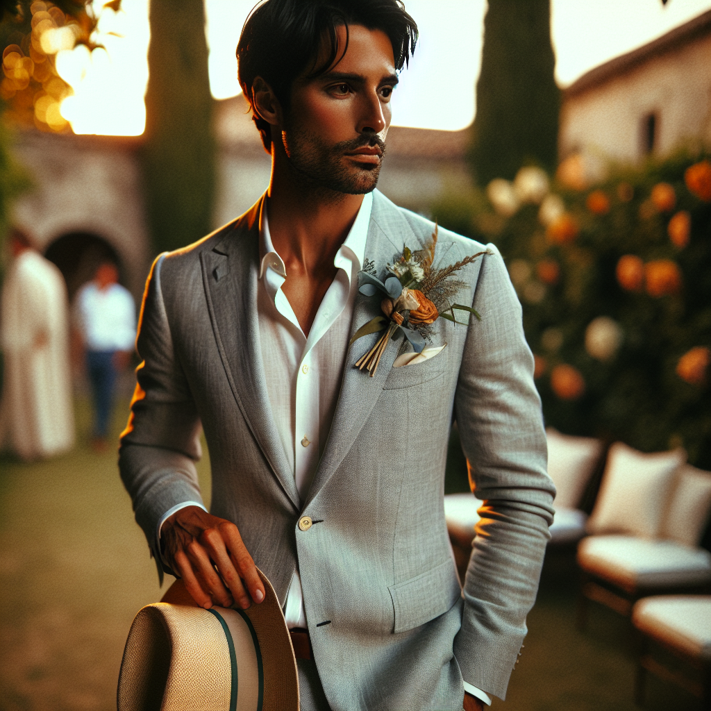What to Wear to a Wedding Men Summer: Effortless Style Guide Imagine a summer wedding setting. Center-stage, there is a well-dressed man, in his late twenties, who is Hispanic. He is wearing a light grey linen suit with a crisp white shirt underneath. The suit jacket is unbuttoned, revealing a pastel green tie. A boutonniere with seasonal flowers adorns his suit jacket's lapel. He carries a straw Panama hat in his left hand. His black hair is styled neatly and he sports a well-trimmed beard. He's wearing stylish brown loafers; no socks. He stands confidently, with a relaxed demeanour, against a backdrop of a picturesque garden illuminated by the warm, golden light of the summer sunset.