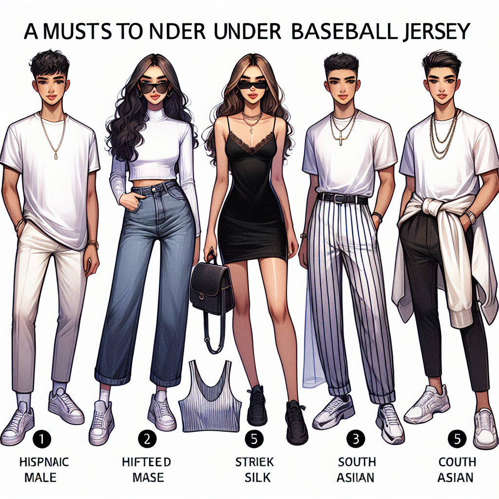 Must-Have Styles to Wear Under a White Baseball Jersey Illustrate an informative fashion guide showcasing an array of must-have styles to wear under a white baseball jersey. Include five different outfits: 1) a casual look with a black, fitted t-shirt on a Hispanic male, 2) a sporty look featuring a vibrant, neon tank top on a South Asian female, 3) a chic style encompassing a sleek, silk camisole on a Middle-Eastern woman, 4) a fresh style with relaxed, striped long-sleeve tee on a Caucasian male, and 5) a trendy look with an oversized, graphic t-shirt on a Black male. Make sure each ensemble complements the white baseball jersey and is able to maintain its own individuality.