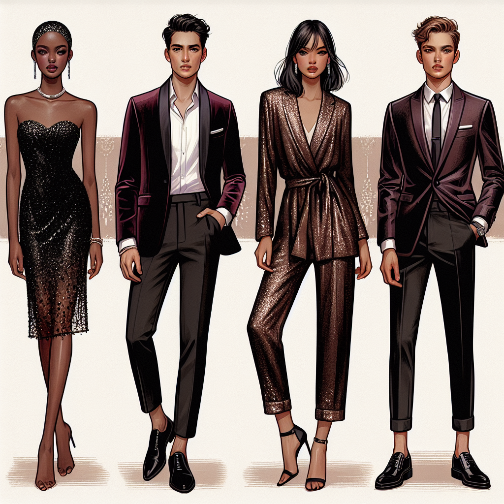 Create a picture showcasing latest fashion trends perfect for a glamorous gathering. The image should consist of four individuals each presenting a different opulent party outfit style. On the far left, depict an African descent woman, elegantly outfitted in a classic black sequin dress with her hair in a stylish sleek bob. Next to her, illustrate an Asian descent man displaying a polished look in a burgundy velvet jacket, white shirt and black trousers. In the center, represent a Caucasian descent woman stunning in a gold metallic jumpsuit and a chic updo hairstyle. Lastly, on the right end, embody a Hispanic descent man looking dapper in a tailored black suit with skinny tie and stylish semi-formal shoes.