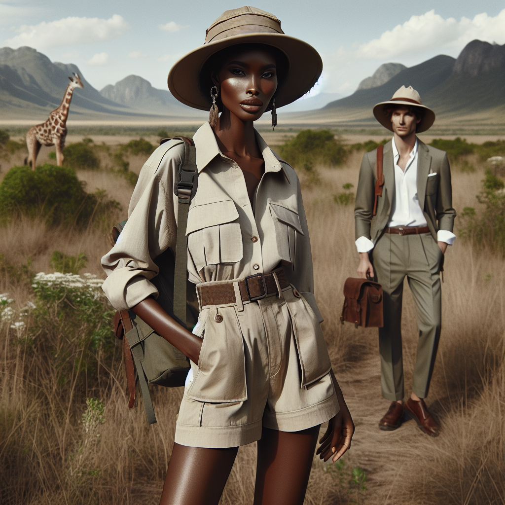 Stunning Safari Styles: Effortlessly Chic & Wild Visualize an outdoor scene set in an open African savannah. In the scene, you see a stylish, coolly dressed female safari guide of Black descent, who sports practical yet chic safari attire, consisting of a lightweight khaki shirt, cargo pants, a bush hat, and sturdy boots, all set against the backdrop of the wild landscape. Nearby, there's a well-dressed male tourist of Caucasian descent, dressed in a trendy safari summer suit, ready to explore the flora and fauna. The atmosphere is adventurous, aloof and effortlessly chic.