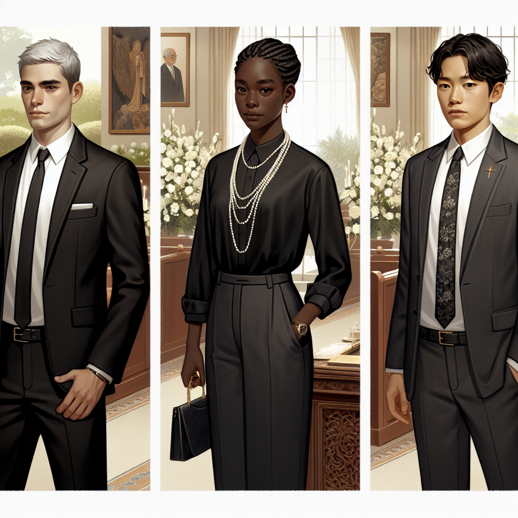 What to Wear During a Funeral: Elegant & Respectful Choices An image depicting a variety of respectful attire for funerals. Show three people of different descents: a White male wearing a tailored black suit with a white shirt and black tie, a Black woman dressed in a black blouse with dark trousers and a single strand of pearls, and an Asian man in a dark gray suit, white shirt, and subtly-patterned tie. In the background, include a serene setting like a garden of muted colors or an elegant hall with subdued lighting. Include details like respectful expressions, quiet conversations, and a hint of solemnity in the setting and attire.
