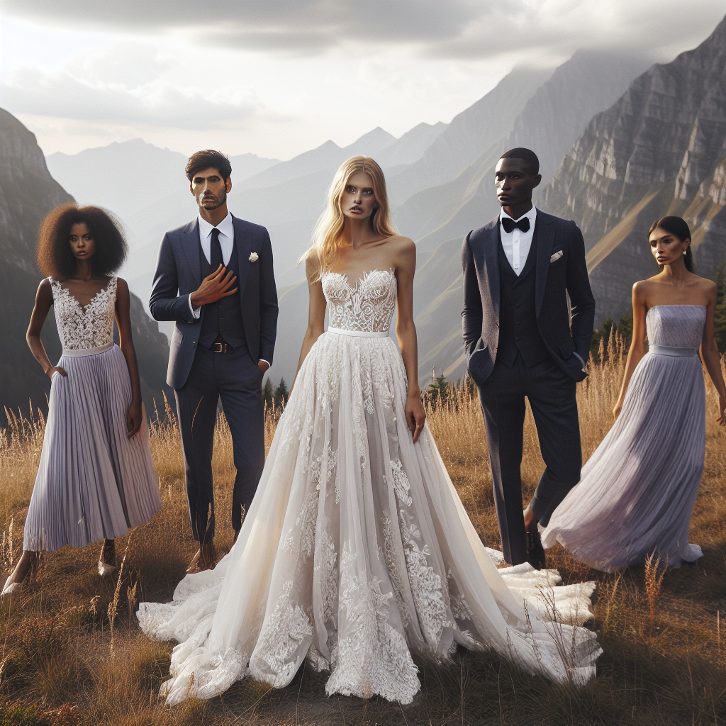 Stunning Mountain Wedding Outfits: Effortless Elegance Capture a fascinating outdoor wedding scene set among mountains. Present four people dressed in unique and elegant wedding outfits reflecting effortless style. Depict a Caucasian bride in a flowing white wedding gown with intricate lace detailing, symbolizing classic elegance. Show a Middle-Eastern groom in a crisp navy suit, highlighting modern style. Include a black woman as the maid of honor in a charming, lavender chiffon dress, representing minimalist elegance. Showcase a Hispanic man, the best man, in a trendy three-piece suit, demonstrating refined sophistication. Capture the ethereal beauty of the surrounding mountainous landscape with a serene sky overhead.