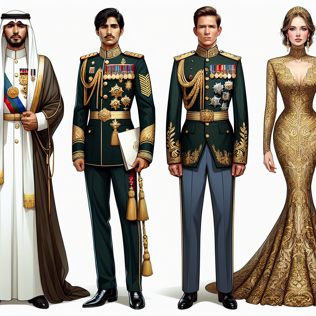 Illustrate four individuals in stunning, respectful attire suited for military ceremonies. The first individual is a Middle-Eastern male wearing a traditional military uniform with distinguished medals and golden badges. The second is a Caucasian female dressed in a formal military dress with subtle embroidery and high-ranking insignia. The third person is a Hispanic male, adorned in an elegant military suit reflecting high rank and prestige. And the fourth is an Asian Woman wrapped in an exquisite military ceremonial dress, head held high with pride. Their outfits exhibit a balance of elegance and respect towards military tradition.