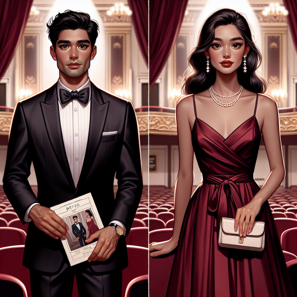 What to Wear to a Play: Stunning & Effortless Options Visualize an elegant setting with a variety of stylish outfits for attending a theatrical play. Picture a male and female each showcasing their attire. The male character of Hispanic descent is donned in a sleek black suit paired with a crisp white shirt and a silk bow tie, while holding a classic theatre program. The South Asian female character is seen in a trendy and elegant cocktail dress in ruby red with chic accessories including pearl drop earrings and small box clutch. The background is a grand theatre auditorium with lush red velvet curtains and golden fixtures, exuding a vintage charm.