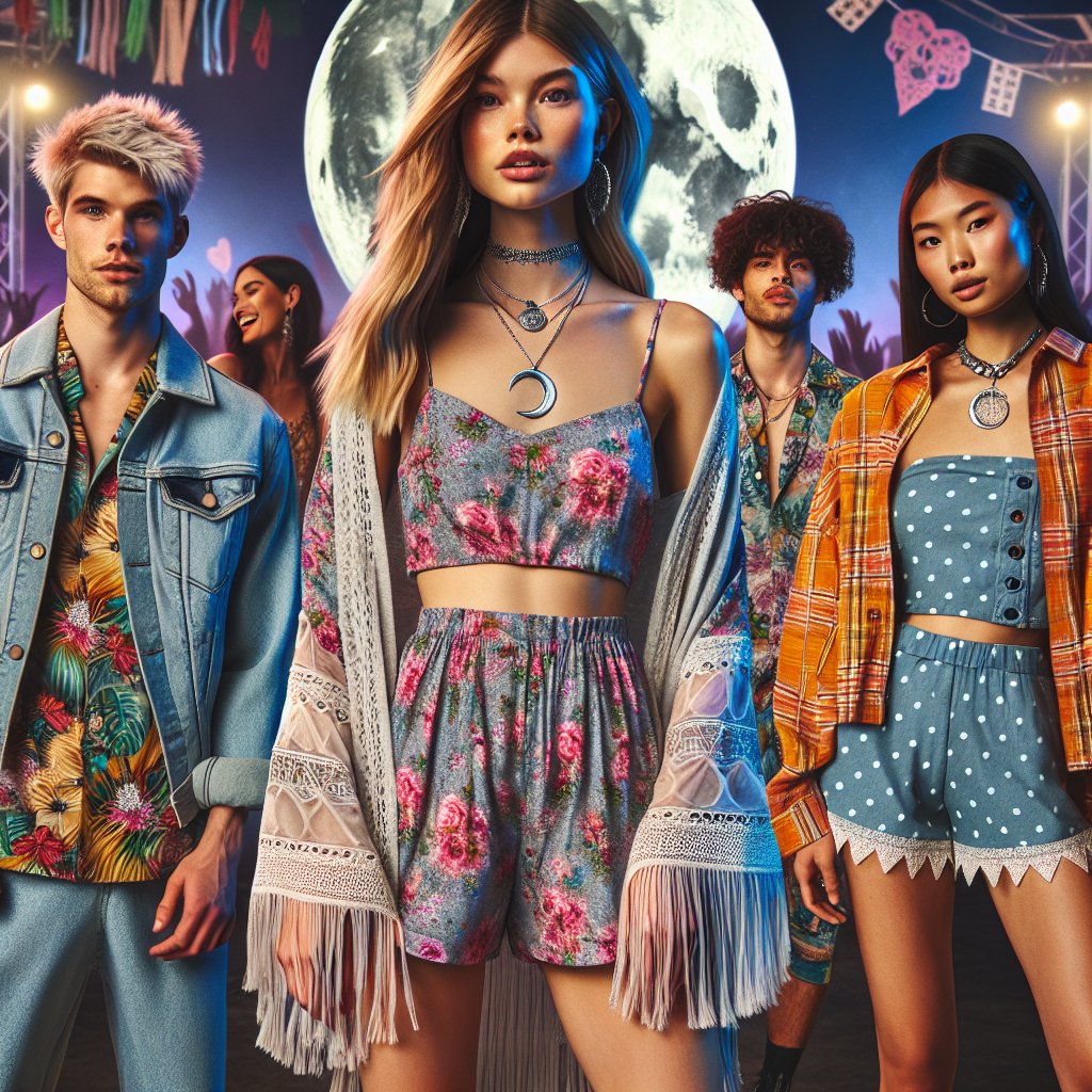 Stunning Styles to Wear Over a Romper at Full Moon Party A vibrant full moon party scene showing distinct and fashionable styles. A main focal point is a young Caucasian female donning a chic floral romper. She layers this with a fringed bohemian kimono, accessorized with a silver moon pendant necklace. On her right, a young Hispanic male in a modern lightweight denim jacket layered over his tropical print romper. To the left, a South Asian female sporting a neon orange plaid shirt tied at the waist over her polka dot romper. The backdrop highlights the energetic full moon party with music, dance, and decorations.