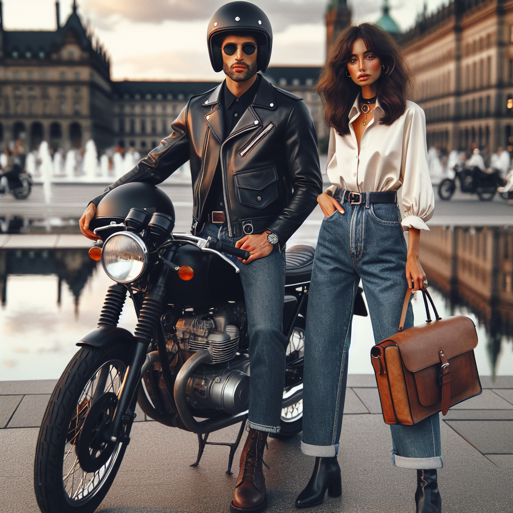 A stylish pair on a motorcycle date, showcasing fashionable and effortless outfits. The man, of South Asian descent, is donned in a sleek black leather jacket, a pair of dark jeans, and sturdy brown boots. He wears a matte black helmet and a pair of sunglasses. The woman, of Middle Eastern descent, exhibits a casual chic style with a relaxed white blouse, high-waisted blue jeans, and black ankle boots. She carries a tan leather satchel bag and sports a white helmet. Their vintage motorcycle stands majestically, reflecting the backdrop of a bustling city at sunset.