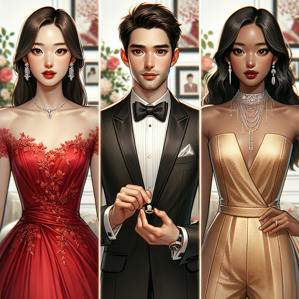 Stunning Outfits for Proposals: Find Your Perfect Match Create an image showcasing three different and stunning outfits suitable for engagement proposals. The style of each outfit should be distinctive to reflect diversity in personal styles. Outfit one is on an East Asian woman wearing a classic red dress with intricate lace details. Outfit two is on a Caucasian man, in a sleek black tuxedo with a silver pocket square. And outfit three is on a Black woman dressed in an elegant gold jumpsuit, harmoniously blending modern and traditional elements. Any indicated engagement rings should feature varied designs to compliment each outfit and personal style. The scene should suggest a romantic and intimate atmosphere, yet allow each outfit to stand out.