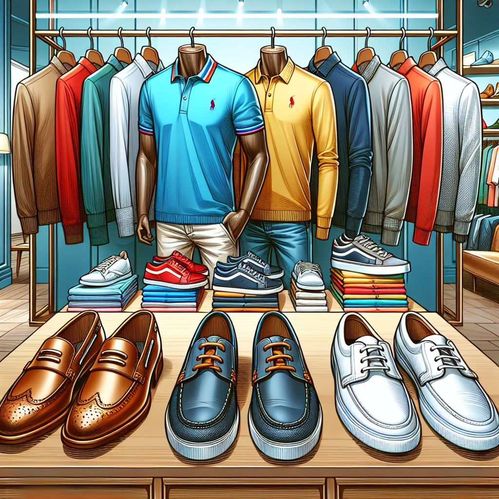 Must-Have Shoes for Polo Shirts: Style Effortlessly Create an illustration of a clothing showcase. In the scene, show several pairs of trendy shoes in various styles and materials such as loafers, sneakers, brogues, and boat shoes. These shoes should be placed in the foreground on a wooden shelf. On the background, include multiple polo shirts hung neatly, in a plethora of vibrant colors like blue, red, yellow, and white. The shirts are characterized by their unique collar and button-up style. Set the scene in a brightly lit, classy store setting with a large mirror on a side, reflecting the dynamic arrangement of the clothes.