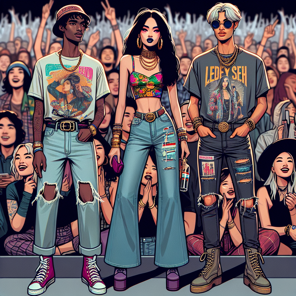 Imagine a lively concert scene, packed with eager music fans. Focus on three concert-goers, each flaunting their eclectic and trendy fashion. Each of these fans has an individual style and reflects diverse backgrounds. An Asian male is donning a streetwear-inspired outfit, consisting of an oversized graphic tee, distressed jeans, and high-top sneakers. Next to him, a Black woman shines in her chic ensemble including a vibrant crop top, flared jeans, and chunky gold jewelry. A little further away is a Middle-Eastern man, rocking a grunge look with a distressed band t-shirt, ripped black jeans, and moto boots. All three are encapsulating the laid-back yet fashion-forward vibe typically found at a contemporary pop music concert.