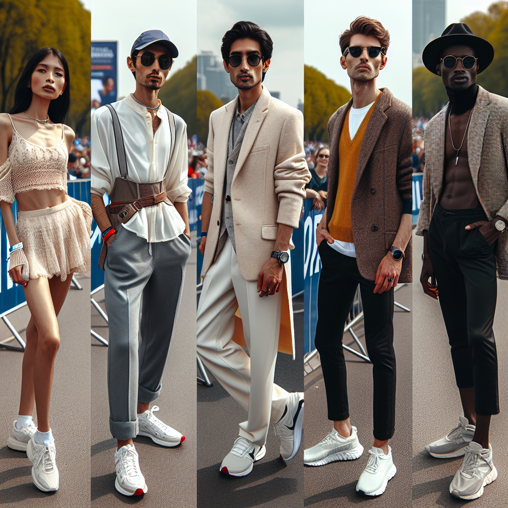 Stunning Outfits for Marathon Spectators: Effortless Style A tastefully diverse group of people at a marathon event showcasing their stunning outfits. A Middle-Eastern lady adorns a stylish outfit which is both comfortable and chic, suitable for a long marathon. A Caucasian gentleman is dressed in a light, breezy outfit, his sunglasses adding a touch of coolness to his ensemble. A South Asian man is in a classic combo of a cap and comfortable clothes, his outfit mirroring his enthusiasm for the event. Lastly, a Black woman wows in a trendy outfit that effortlessly combines style with comfort.