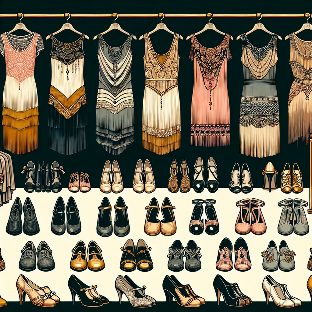 Exclusive Guide: Best Shoes for Flapper Dresses A visual guide showcasing different styles and types of shoes that pair perfectly with flapper dresses. The image should include flapper dresses of various colors and designs hanging on the flapper-era clothing racks. Next to every dress, a pair of shoes that perfectly matches each dress in style and color. Include a variety of shoe styles like T-strap shoes, Mary Janes, and Oxford shoes. Preferably, include shoe color palettes that dominated the 1920s such as black, gold, and silver. Please, arrange everything on an art deco style background to represent the flapper era.