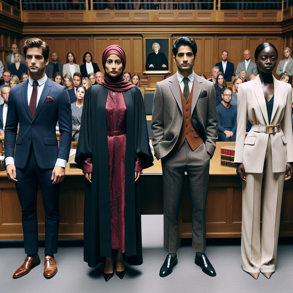 Imagine the inside of a bustling courtroom. The judge at the front is a middle-aged Middle-Eastern woman, in her stately black robe. Four individuals are present, each wearing a distinct, impressive outfit. The first is a young Caucasian man in a tailored navy-blue suit, the second is an elegant South Asian woman in a chic, maroon business dress, the third a Hispanic man in a sharp charcoal grey blazer and khaki trousers, and the last is a Black woman attired in a fashionable ivory pantsuit. The color-coded outfits, quality of the materials, and the individual&rsquo;s confident stances evoke a highly professional air.