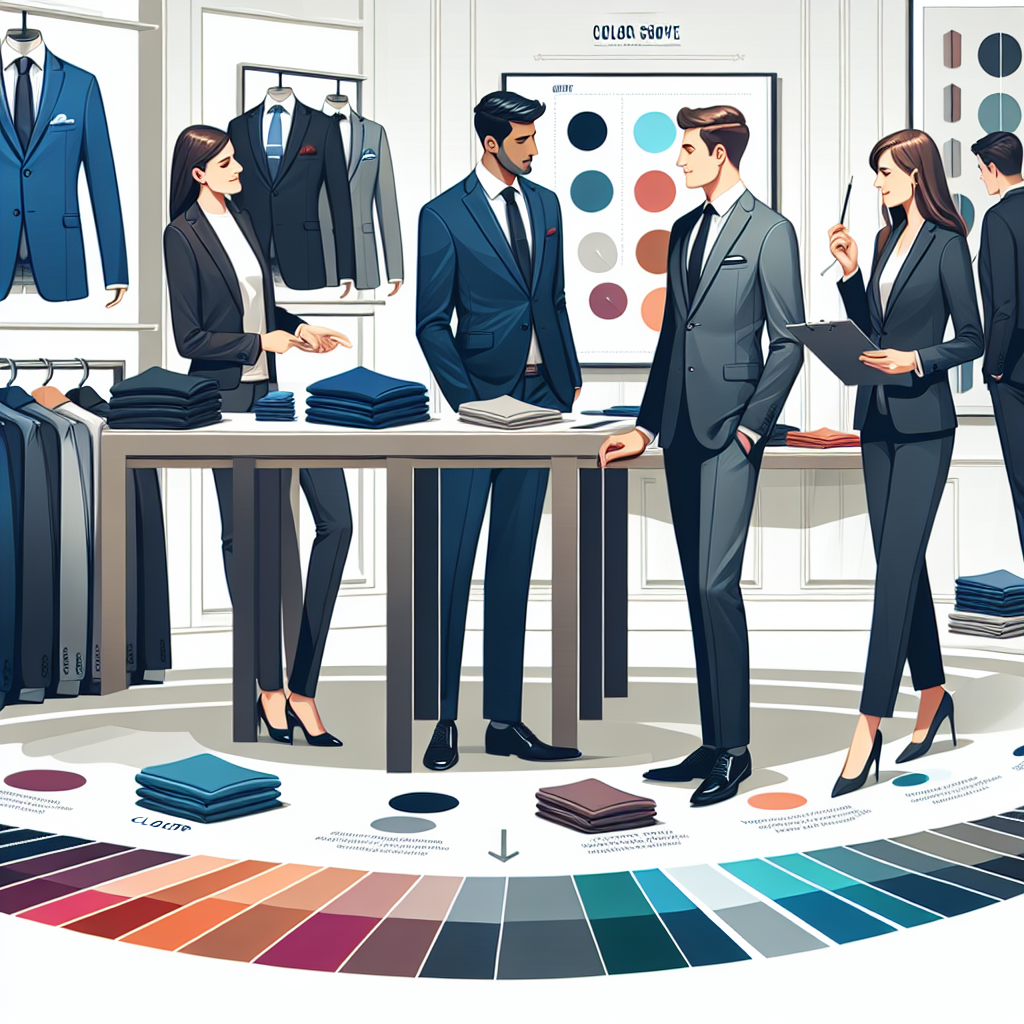A professional attire shopping guide aimed at preparing for job interviews. Display an array of suit options in different colors, such as navy blue, charcoal grey, and black, positioned in a crisp, well-lit clothing store. Also, include color swatches with warm and cool shades. Showcase a Caucasian woman browsing through the suits, a Middle-Eastern man discussing color options with a Hispanic store assistant, and a South Asian person examining the color swatches. Include tips and advice scattered around the image in stylish fonts, linking colors to different industries and job types.