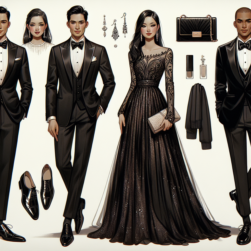 Exclusive Guide: What to Wear to a Black Tie Wedding A visual guide illustrating suitable attire to wear to a black-tie wedding. The image showcases a well-dressed man of Hispanic descent in a fitted tuxedo with peaked lapels, a black bow tie, a white dress shirt, and patent leather shoes. Next to him, a South Asian woman elegantly dressed in a sophisticated floor-length evening gown in a rich hue, with delicate earrings and a stylish clutch. Also, a Caucasian male in a black velvet dinner jacket, matching trousers, a bow tie, and highly polished oxfords. Lastly, a black female in an equally glamorous long, sequined chiffon gown, with statement jewelry and a refined handbag.